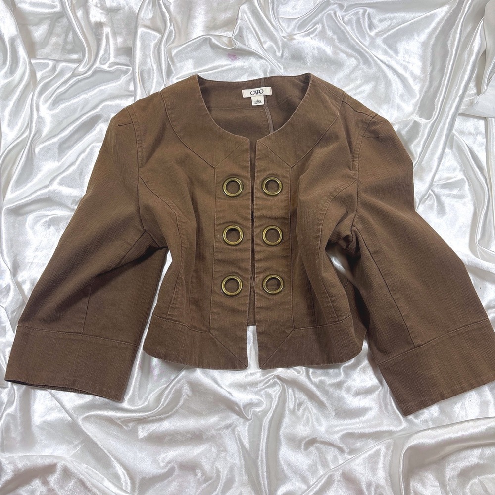 y2k Cropped Jacket Brown Excellent Cato Grommet Corduroy 3/4 Sleeve L